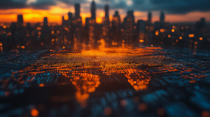 Aufkleber - A city skyline with a sunset in the background. The city is lit up with bright lights, creating a warm and inviting atmosphere. Concept of energy and excitement