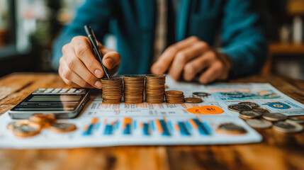 Poster - a man is writing on a piece of paper with a pen and a calculator. he is surrounded by stacks of coin