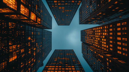 Poster - A city skyline with tall buildings and a cloudy sky. The buildings are lit up with orange lights, creating a warm and inviting atmosphere. Scene is one of urban life and energy