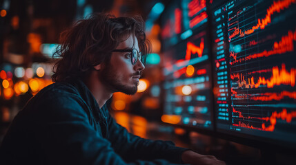 Poster - A man is looking at a computer screen with a lot of numbers and graphs. He is wearing glasses and he is focused on the screen