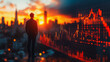 © PixelFoundry - A man stands in front of a city skyline with a red sun in the background. The skyline is filled with tall buildings and the man is looking at a screen with a series of red lines