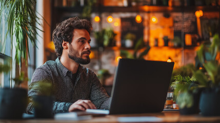 Poster - A man is sitting at a table with a laptop in front of him. He is wearing a black shirt and a beard. The room has a lot of plants, including a potted plant on the table