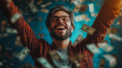 Sticker - A man is throwing money in the air and smiling. Concept of joy and excitement, as if the man has just won a large sum of money. The money is flying in the air, creating a dynamic