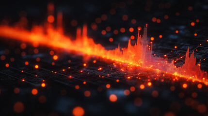 Poster - A computer generated image of a red line with orange and black dots. The image has a futuristic and abstract feel to it
