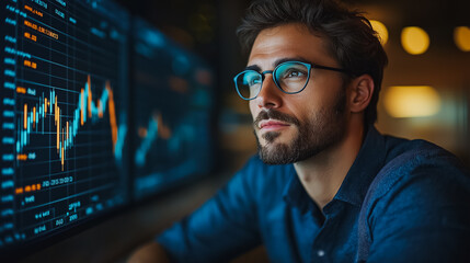 Poster - A man wearing glasses is looking at a computer screen with multiple graphs. The man is focused and attentive, possibly analyzing the data on the screen