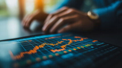 Poster - A person is typing on a computer with a screen displaying a graph. The graph shows a downward trend, which could indicate a negative outcome or a loss. The person appears to be focused on the screen