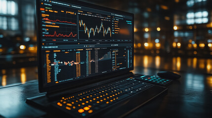 Poster - A computer monitor displays a graph of stock prices. The screen is lit by a dim light, giving the image a moody, almost ominous feel