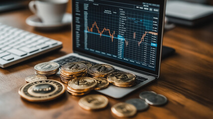 Poster - A laptop with a bunch of coins on it. The coins are labeled with the letters 
