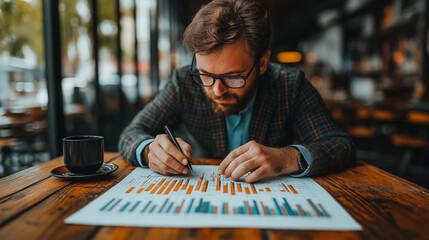 Poster - a man is writing on a piece of paper with a pen. he is wearing a suit and glasses. concept of focus 