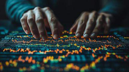 Poster - A person is typing on a computer keyboard with a screen displaying a graph. Concept of someone working on a computer, possibly analyzing data or working on a project. Scene is focused and serious