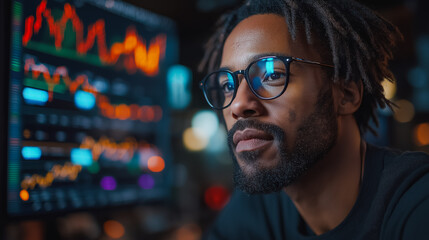 Poster - A man wearing glasses is looking at a computer screen with a lot of numbers and graphs. Concept of focus and concentration as the man studies the data displayed on the screen