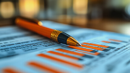 Poster - A pen is laying on top of a piece of paper with a graph on it. The pen is orange and has a black tip. The graph on the paper is a line graph with a few data points