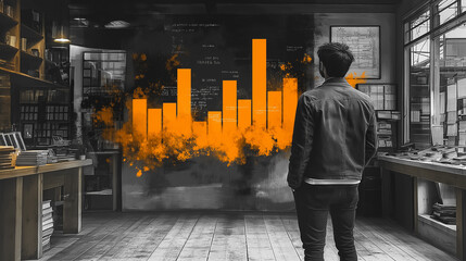 Poster - A man stands in front of a wall with a graph on it. The graph is orange and black, and it is a chart or a graph of some sort