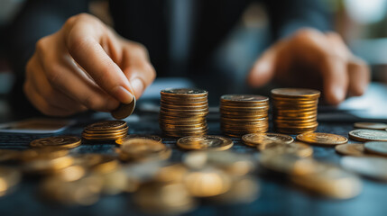 Wall Mural - A person is reaching for a pile of gold coins. The coins are stacked on top of each other and are of varying sizes. Concept of wealth and abundance