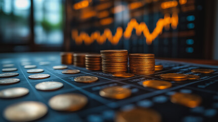 Poster - A pile of gold coins on a table with a graph behind them. The coins are stacked in a pyramid shape, and the graph behind them shows a fluctuation in the market. Concept of wealth and prosperity