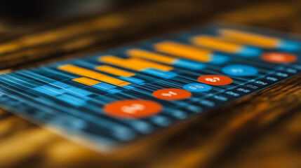 A blue and orange graph with numbers and dots on it. The graph is on a wooden surface