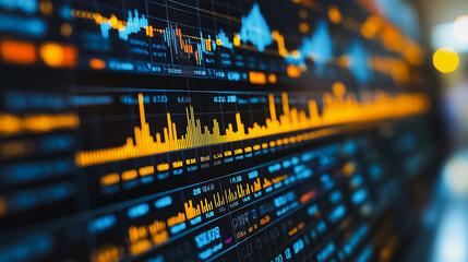 Poster - A computer screen shows a graph of stock prices. The graph is filled with orange and blue lines, with the orange lines representing the stock prices and the blue lines representing the time