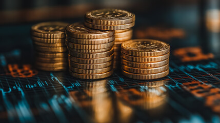 Wall Mural - A stack of gold coins on a table. The coins are arranged in a pyramid shape. Concept of wealth and prosperity