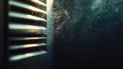 Poster - Sunlight filters through a vent, revealing swirling dust particles floating in the air of a darkened room, creating a tranquil and almost magical atmosphere during the late afternoon hours.