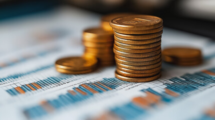 Wall Mural - A stack of gold coins sits on top of a graph paper. The coins are arranged in a pyramid shape, with the largest coin at the bottom and the smallest at the top