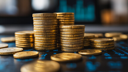 Wall Mural - A pile of gold coins on a table. The coins are stacked on top of each other and there are many of them