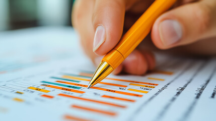 Poster - a person is writing with a yellow pen on a piece of paper with a lot of numbers and graphs
