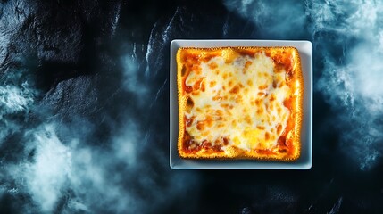 A square slice of cheesy bread on a white plate, with a dark background and wispy smoke.