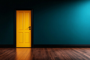 A yellow door stands in front of a blue wall. The door is the only object in the room, and it is the only thing that is visible. The room is empty and has a minimalist feel to it