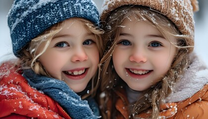 Joyful winter playtime of two little friends in a snowy wonderland