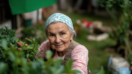 Elderly woman gardening: embracing nature and serenity in a village setting for calm and reflection