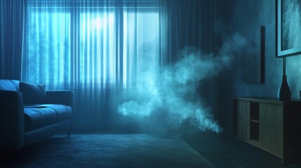 Aufkleber - A dimly lit living room features a blue haze lingering near a window, with curtains drawn and shadows forming on the walls, creating an atmospheric and intriguing ambiance.