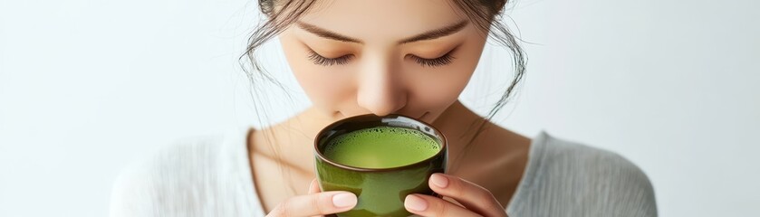 Asian woman sipping matcha tea, traditional and modern fusion, pure white background, calm and focus theme