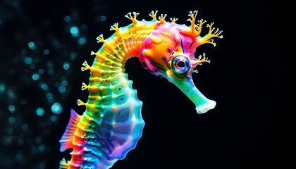 Wall Mural - Vibrant rainbow-hued seahorse radiating brilliance against a striking black backdrop