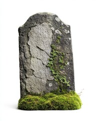 Gravestone with cracks and moss, isolated on a white background