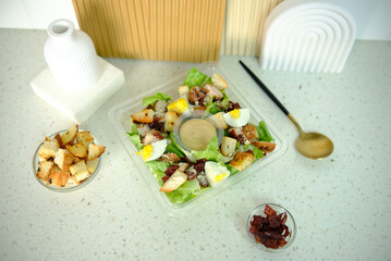 Close up of a variety of tasty and delicious salads on the table. Healthy food and healthy lifestyle