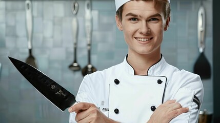 A woman chef is holding a knife and smiling