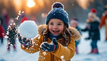 Wall Mural - Joyful winter play as children toss snowballs and laughter fills the snowy landscape