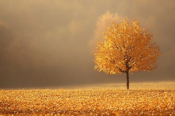 Wall Mural - a single tree with golden leaves stands in a field covered with fallen leaves in the misty morning l