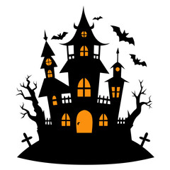 Wall Mural - Halloween haunted house silhouette illustration on white background