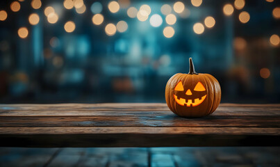 Wall Mural - Empty wooden table top with lights bokeh on blur restaurant background halloween background