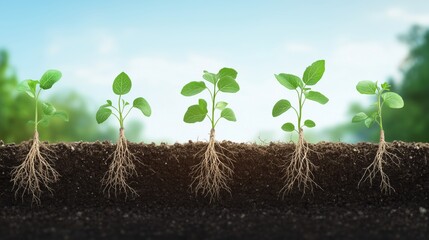 A close up of five plants with their roots showing. The plants are all different sizes and are growing in the dirt. Concept of growth and life, as the plants are reaching for the sky