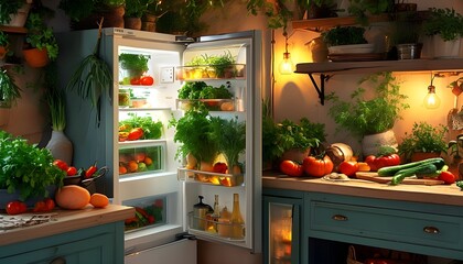 Wall Mural - Vibrant indoor garden kitchen featuring an illuminated refrigerator stocked with fresh vegetables and herbs, radiating a cozy and inviting ambiance.