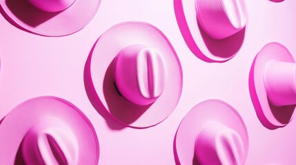 Poster - Neon Pink Hats on Pastel Purple Background Bright, Repetitive Pattern with Soft Shadows