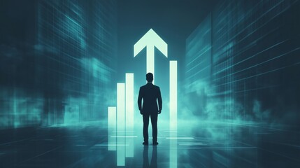 Poster - A man stands in front of a building with a large arrow pointing upwards. Concept of progress and growth, as the man is positioned in front of the upward-pointing arrow