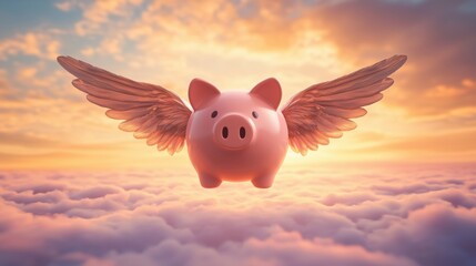 A pig with wings flying through the sky. The sky is filled with clouds and the sun is setting