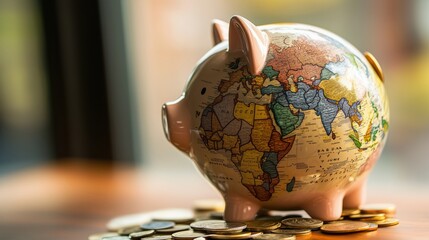 Poster - A piggy bank with a globe on it sits on a table with a pile of coins. The coins are scattered around the piggy bank, with some on top and others underneath. Concept of financial responsibility