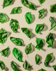 Poster - Pattern of Green Leaf Bags on Beige Background Simple, Clean, and Fresh Aesthetic