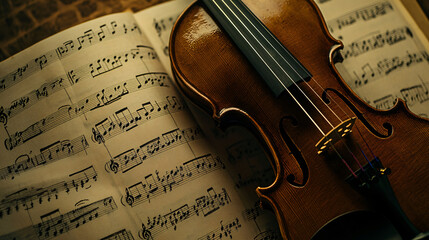 vintage violin on sheet music - close up, warm colors, musical instrument, classical music, arts and crafts, texture