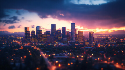 city skyline at sunset with purple and orange sky - denver, colorado