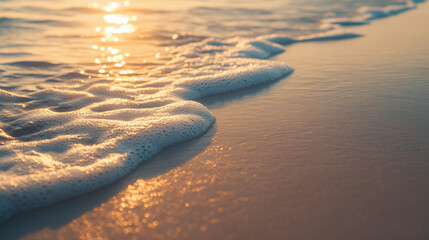 Wall Mural - golden sunset beach waves with foamy surf and sparkling water